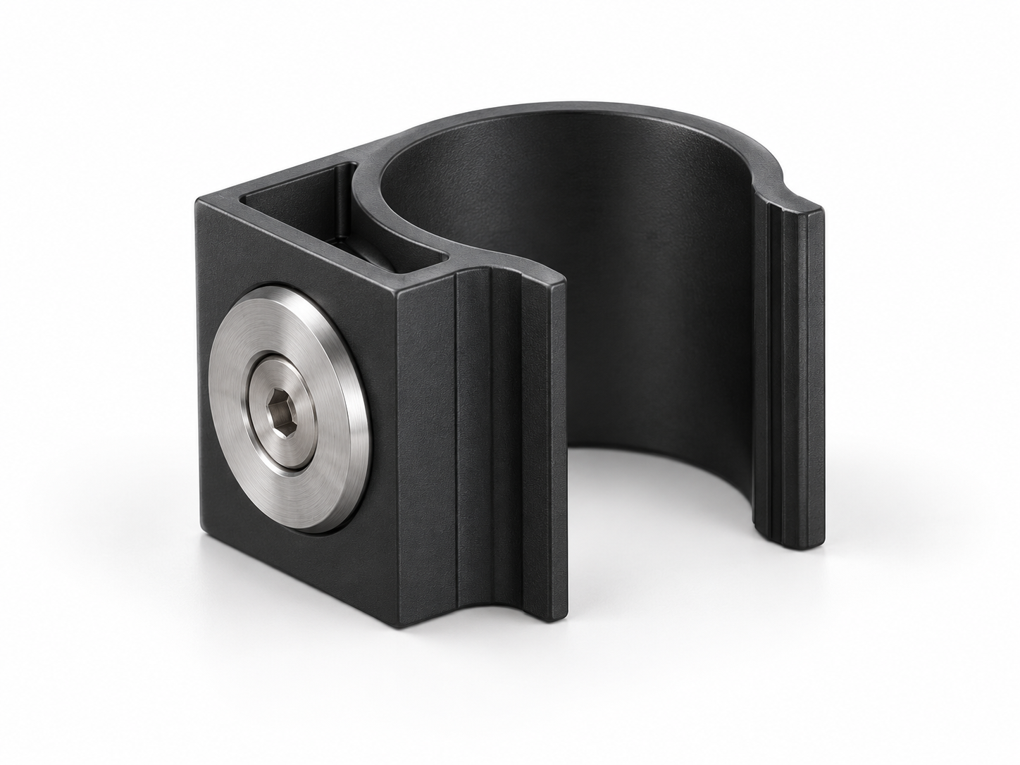 Concept render of the black C-shaped PlinthFix clip with its circular silver magnetic face
